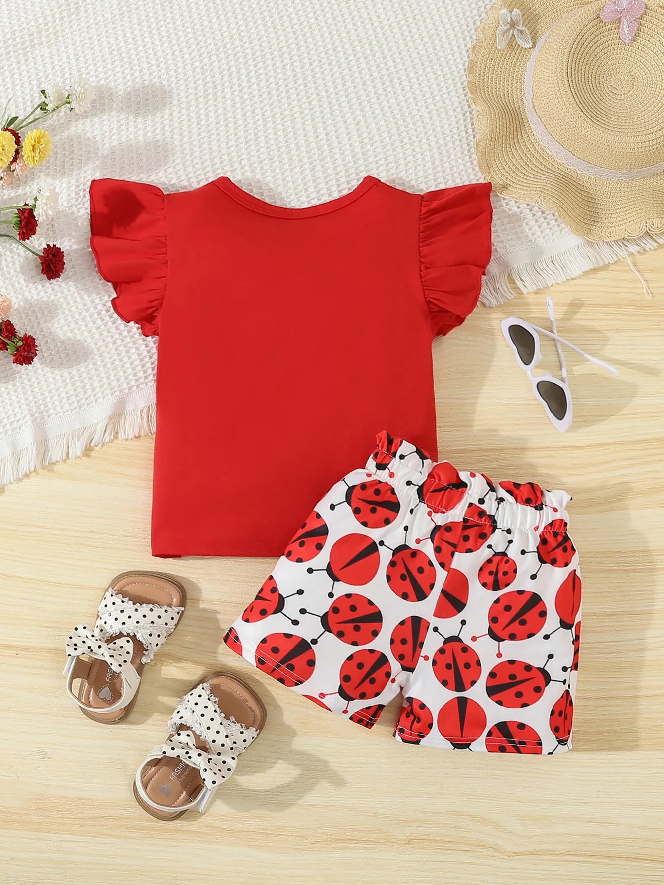 Girl's Ladybug Print Tee & Shorts Set