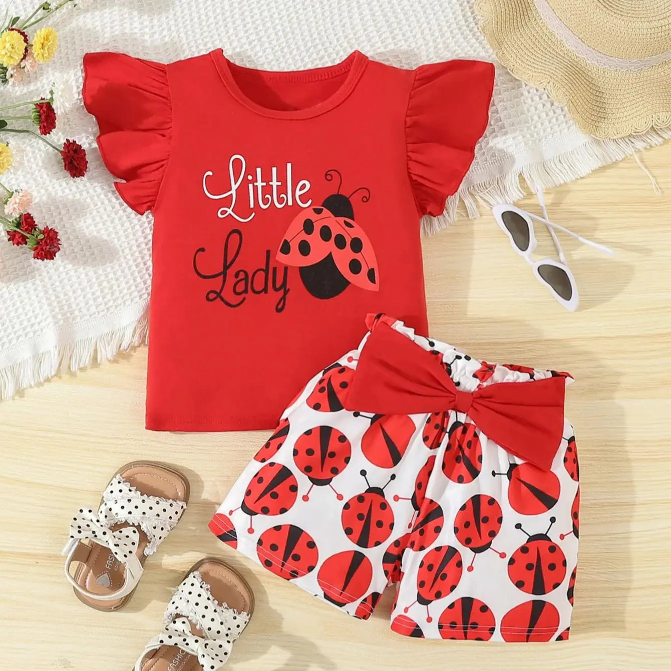 Girl's Ladybug Print Tee & Shorts Set