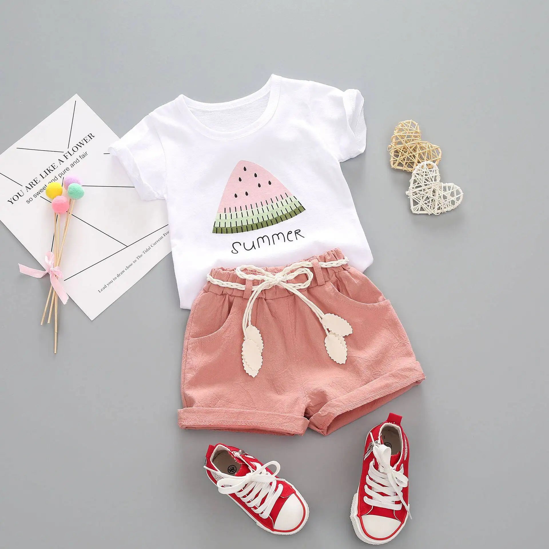 Girl's Watermelon Print Tee & Shorts Set