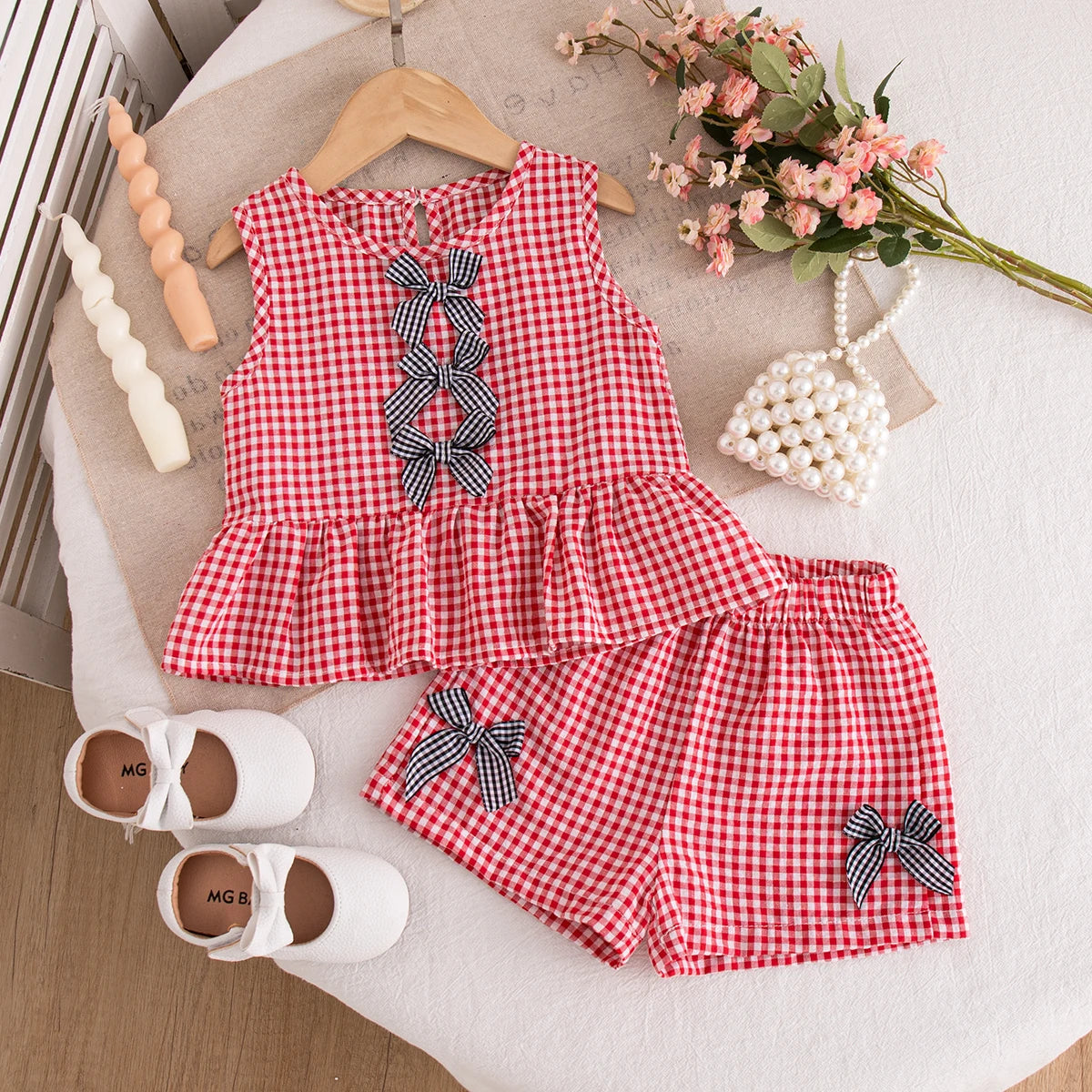 Baby Girl Plaid Bow Top & Shorts Set