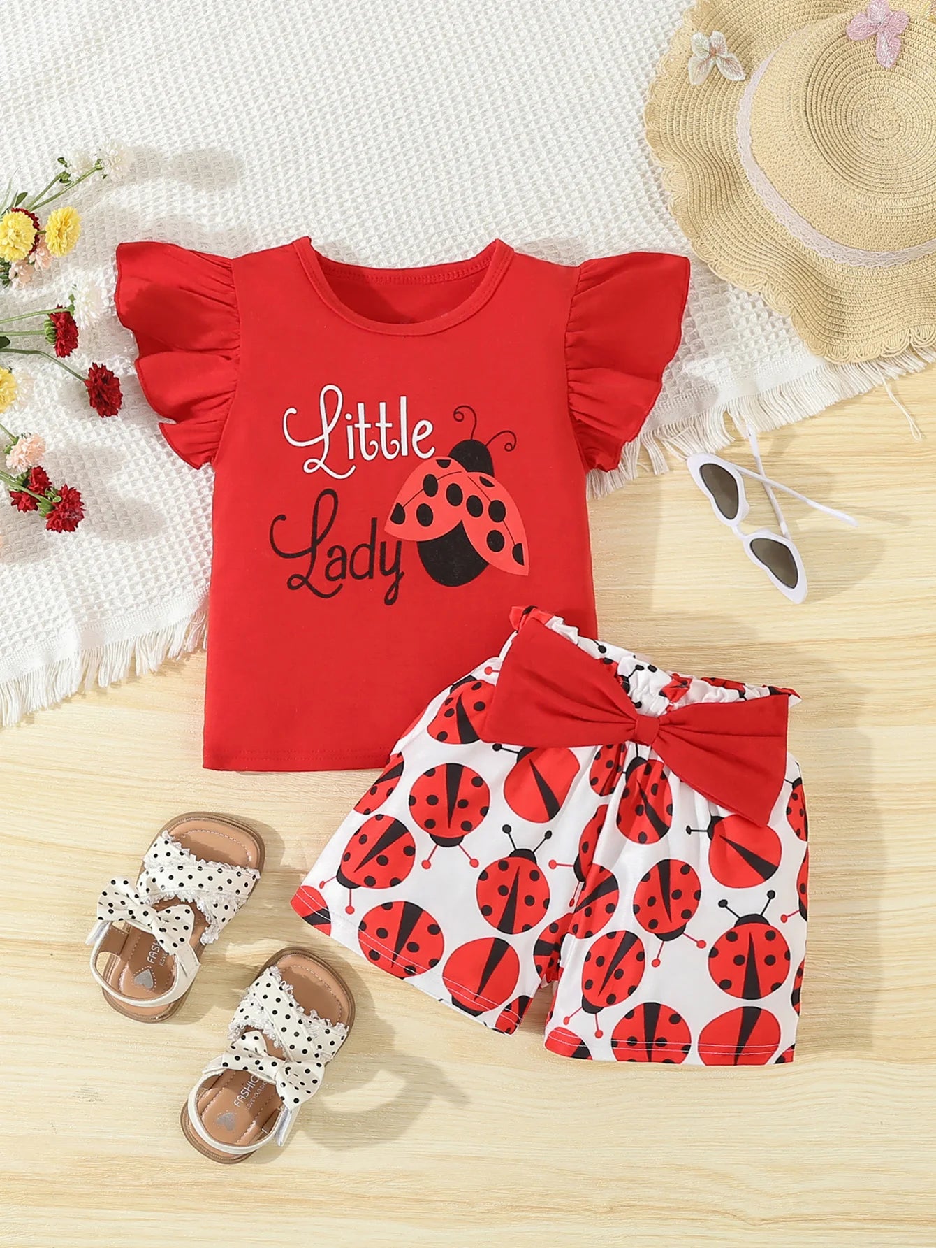 Girl's Ladybug Print Tee & Shorts Set