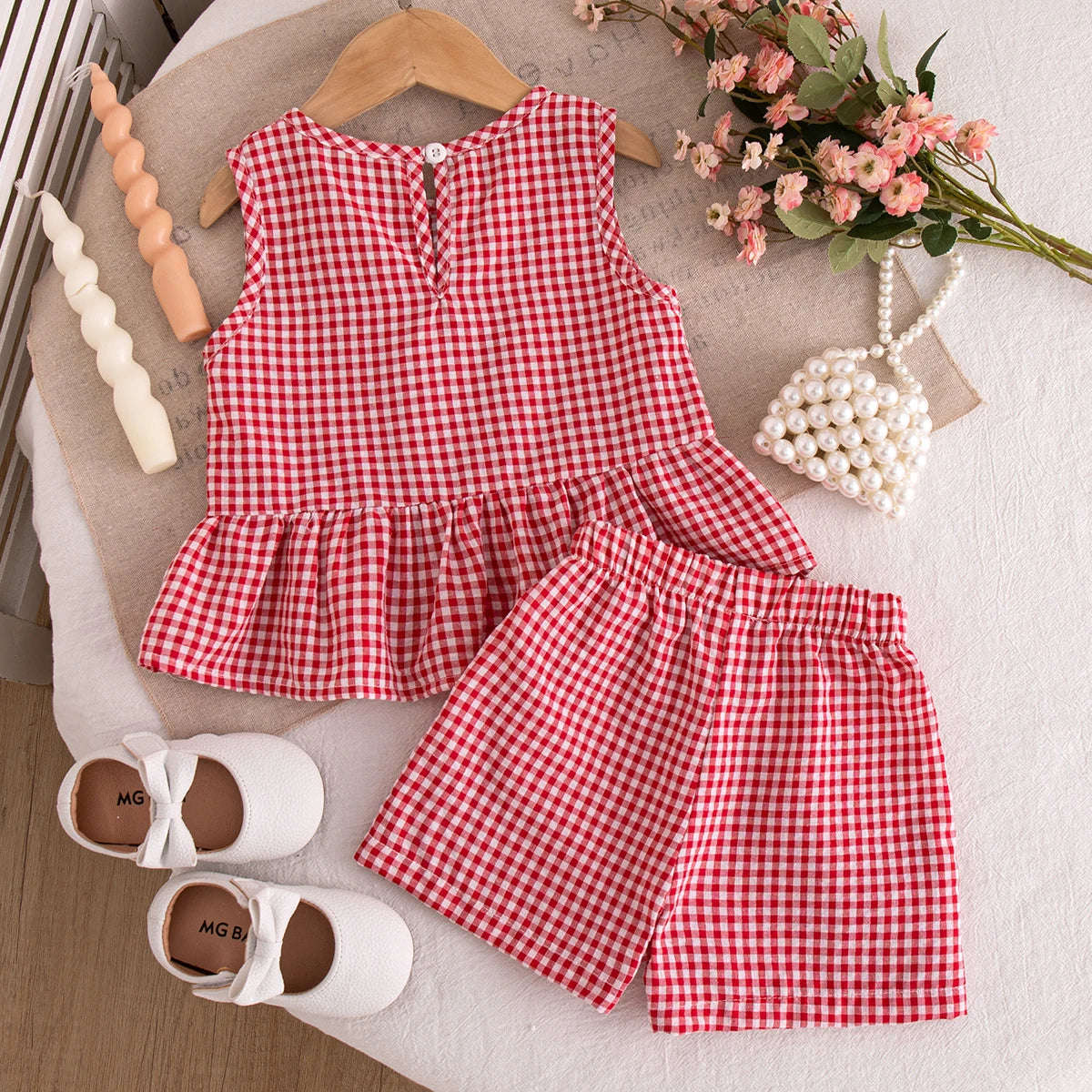 Baby Girl Plaid Bow Top & Shorts Set